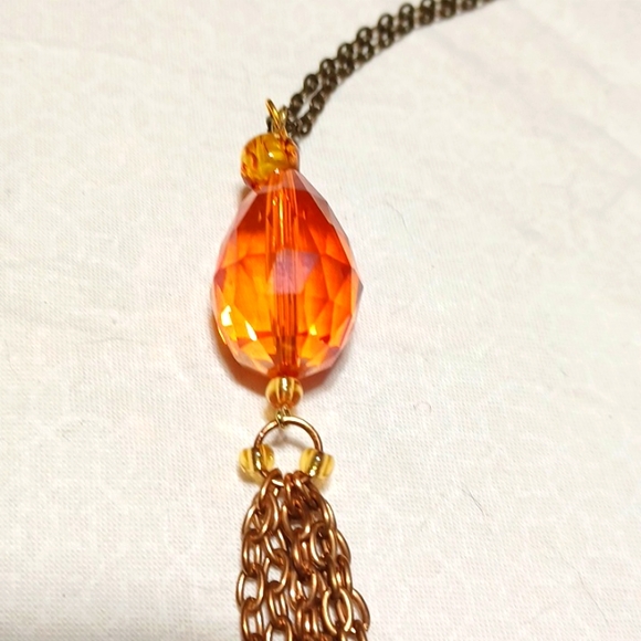 Gold tassel pendant necklace golden bead amber glass honey orange chain handmade - Picture 1 of 7